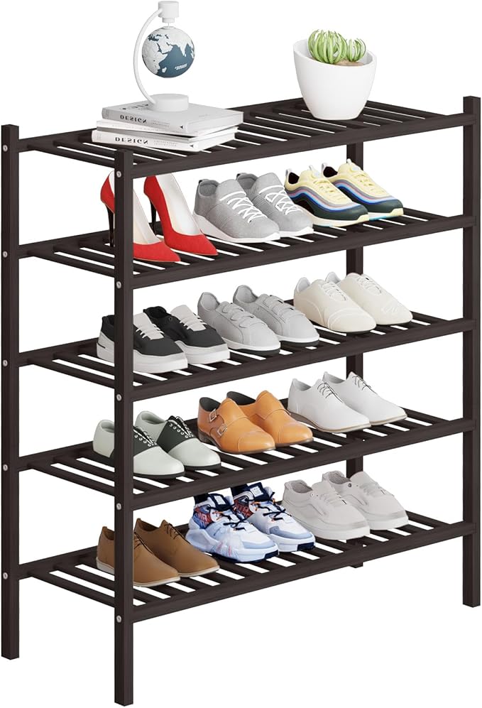 5 Tier Bamboo Shoe Rack Storage Organizer for Closet, Multifunctional Stackable Free Standing Shoe Shelf Organizer for Small Space,Entryway, Hallway, Bathroom27 x11 x32 (Brown, 5 Tier)