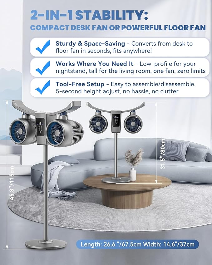 45" Oscillating Fan with Air Purifier & Humidifier | 5D 285° Air Circulator Misting Fan | 12-Speed Quiet DC Motor | Remote ＆ Panel Touch Control | 12H Timer | Adjustable Height, Floor/Tabletop Use