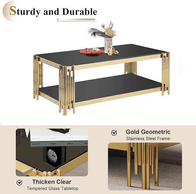 4 Pieces Glass Living Room Table Set, Modern Coffee Table Console Table and 2 End Table Set with Storage Glass Gold Coffee Table Set w/Stainless Steel Frame for Apartment Home Office
