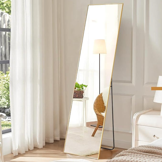 OLIXIS Full Length Gold Mirror 59.2"x16" for Bedroom, Full Body Mirror with Stand, Hanging or Leaning for Wall, Aluminum Alloy Thin Frame Floor Standing for Living Room, Long