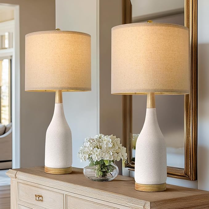 PORTRES 27" Ceramic Table Lamps for Bedroom Living Room Vintage Lamp Set of 2 Bedside Nightstand Lamp Large Farmhouse Rustic Boho Retro Modern Table Lamp Light Home Office Desk Deco Gifts, White