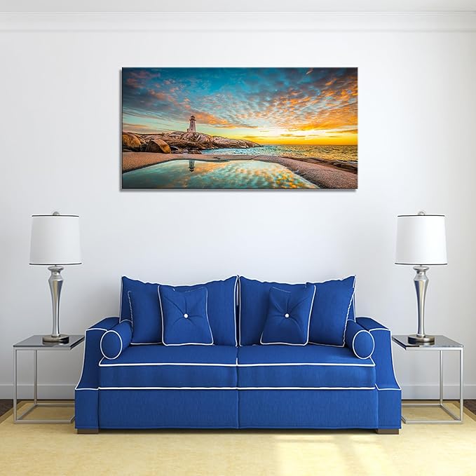 YYYYHPP YP1875 Canvas Prints Wall Art Peggy's Cove Lighthouse Sunset Ocean View Landscape Nature Pictures Stretched Canvas Wooden Framed for Living Room Bedroom and Office Wall Decor