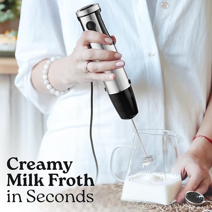 Zulay 4-in-1 Immersion Stick Mixer Hand Blender - 800 Watts, 12 Speeds, 5-ft Power Electric Cord, Handheld Portable, Stainless Steel Blades - With Whisk, Frother & Stick Blender Attachments - Black