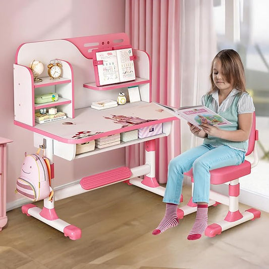 Easy Assembly | Premium Kids Desk and Chair Set, Height Adjustable Children School Study Writing Tables, Bedroom Kids Desk with Large Writing Board, Bookshelf for Girls