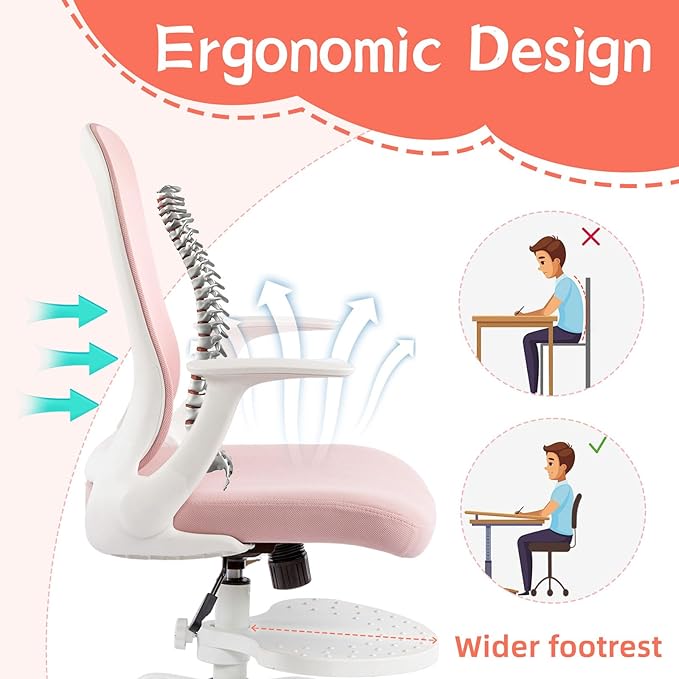 Kids Desk Chair Ergonomic Study Chair Swivel Mesh Desk Chair with Adjustable Arm Height Footrest Wheel Computer Home Office Chair for Children Boys Girls Students Bedroom School Age 5-13 Grey