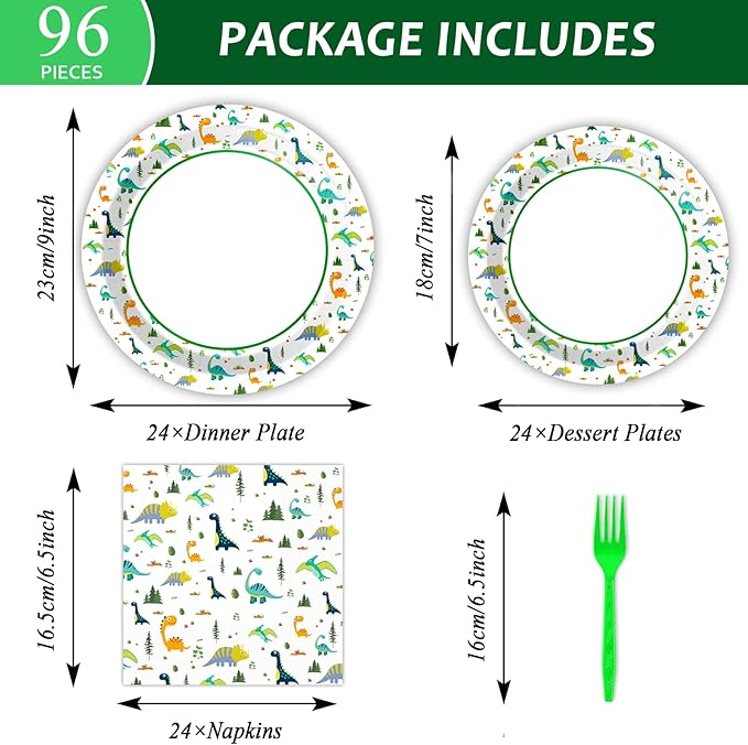 Wiooffen 96 Pc Dinosaur Party Plates, Napkins, Watercolor Birthday Tableware Supplies Set - Cartoon Dinosaur Disposable Dinnerware Decoration for 24 Guests