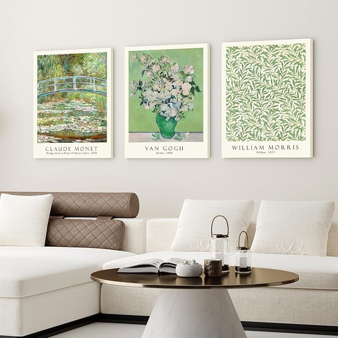 FASWQ Framed Monet Van Gogh William Morris Wall Art, Grass Botanical Wall Decor, Mid Century Impressionist Canvas Paintings, Modern Green Landscape Poster Print for Living Room Bedroom 12"x16"x3