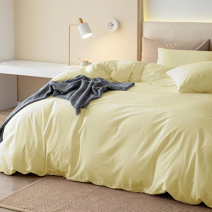 JIYUAN 100% Washed Cotton Duvet Cover Set 3 Pieces Queen, 1 Duvet Cover 90x90 Inches(Comforter Not Included) and 2 Pillowcases,Linen Feel Bedding Set Comfy and Breathable,Light Yellow