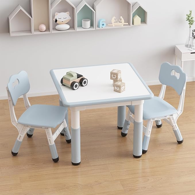 GAOMON Kids Table and 2 Chairs Set with Graffiti Desktop, Height Adjustable Toddler Table and Chairs Set for Reading, Drawing, Playing, Eating