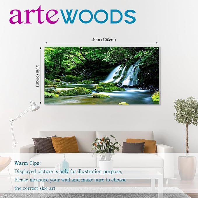 Waterfall Wall Art Large Living Room Decorations Landscape Canvas Art Nature Pictures Artwork Contemporary Wall Decor Green Trees Rivers Spring Tropic Forest for Kitchen Office Home Ready to Hang 20" x 40"