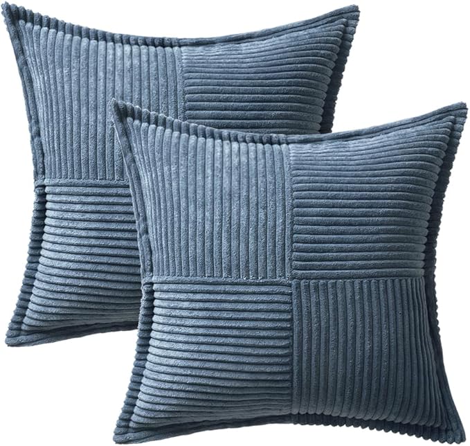 MIULEE Decorative Throw Pillow Covers for Couch Bed Livingroom 18x18 Inch Set of 2 Blue Boho Accent Throw Pllows Broadside Striped Patchwork Soft Corduroy Summer Coastal Pillowcases