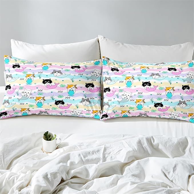 Cartoon Cat Comforter Set for Girls - Full Size Girls Bedding Set for Bedroom - Ultra Soft Warm Cute Mermaid Tail Cat Patterns - 1 Comforter with 2 Pillowcases