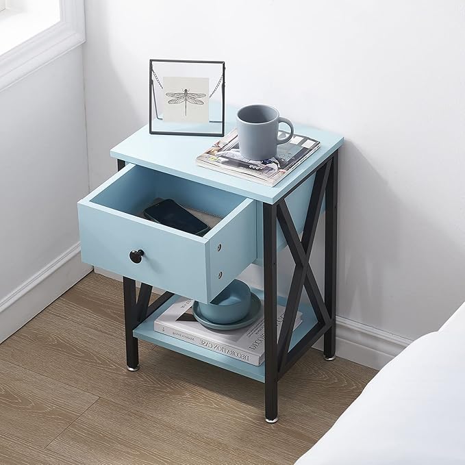 VECELO Nightstand,Modern Bedside End Table, Night Stand with Drawer and Storage Shelf for Living Room Bedroom, Industrial Metal Frame