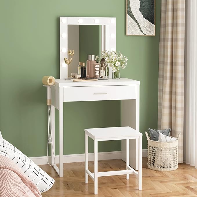 Makeup Vanity Desk with Mirror and Lights, Small Vanity Table and Chair Set,White Makeup Table with 10 LED Lights,Dressing Table for Bedroom,27.6in(L)