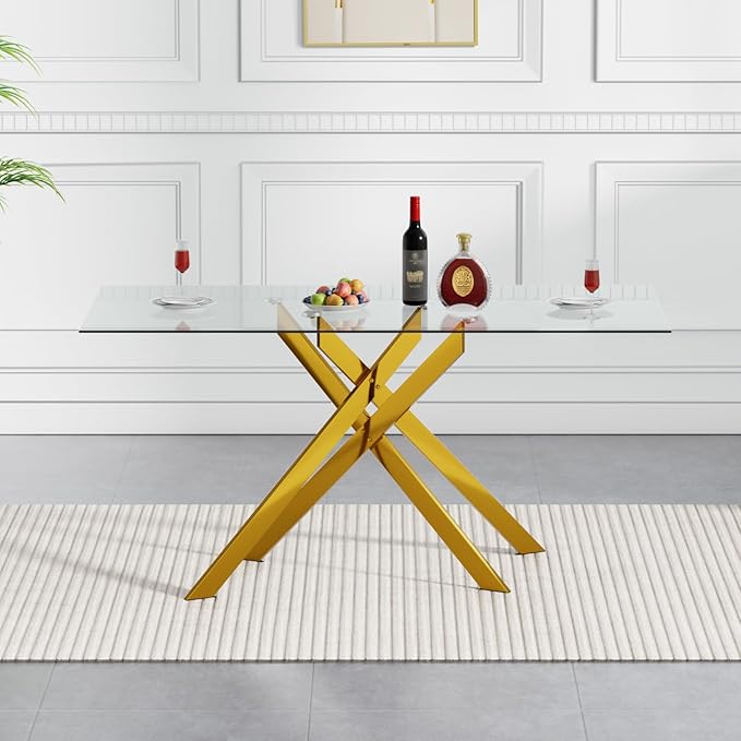 Goujxcy 5 Piece Glass Dining Table Set Modern Glass Dining Table Set for 4, 51" Rectangular Kitchen Table and 4 Velvet Upholstered Chairs for Kitchen Dining Room, Gold Table & Black Chair