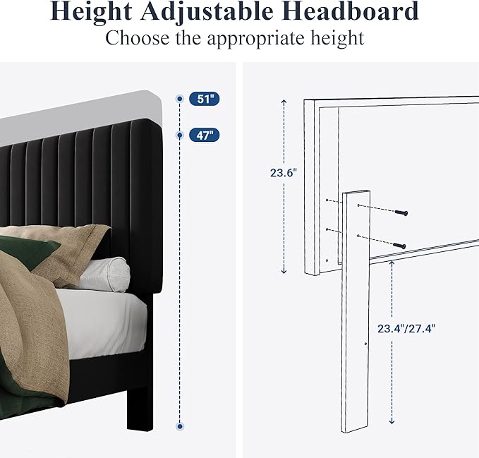 Allewie King Platform Bed Frame, Velvet Upholstered with Adjustable Vertical Channel Tufted Headboard, Mattress Foundation with Strong Wooden Slats, Box Spring Optional, Easy Assembly, Black