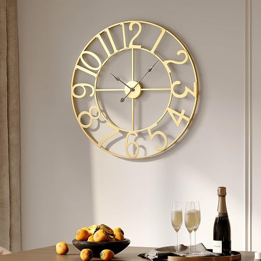 Gold Wall Clock 16 Inch, Decorative Wall Clocks Battery-Operated, Modern Metal Round Clock Silent Non Ticking Arabic Numerals for Living Room Kitchen Mantel Bedroom Office, Gold Wall Decor