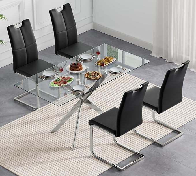 Goujxcy Modern Glass Dining Table Set for 4, Glass Silver Kitchen Table and Chairs Set, 5 Piece Dining Room Table Set with 51" Rectangle Dinner Table and 4 Black Leather Dining Chairs