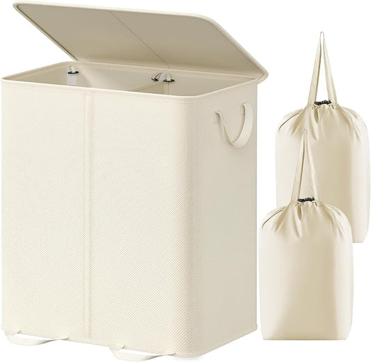 Lifewit Double Laundry Hamper with Lid and Removable Laundry Bags, Large Collapsible 2 Dividers Dirty Clothes Basket with Handles for Bedroom, Laundry Room, Closet, Bathroom, College, 155L Ivory White