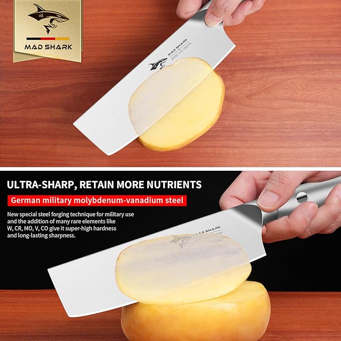 MAD SHARK 7 Inch Nakiri Knife, Ultra Sharp German Stainless Steel Vegetable Knife, Ergonomic Handle, Multipurpose Kitchen Knife for Chopping, Slicing, and Dicing