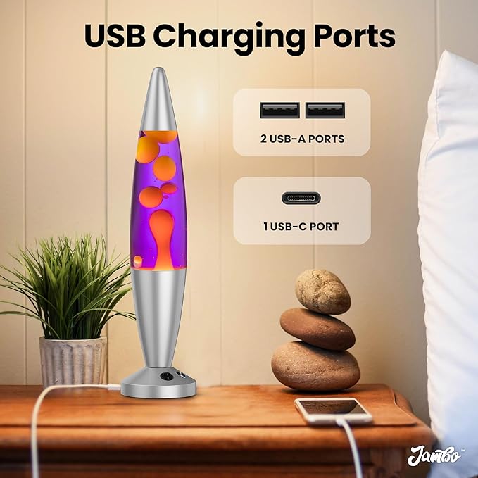 JAMBO Upgraded Motion Lamp – 16" Purple Liquid, Yellow Wax – USB Ports, Timer – Night Light for Adults, Teens, Kids – Bedroom, Living Room, Office Décor Lamp