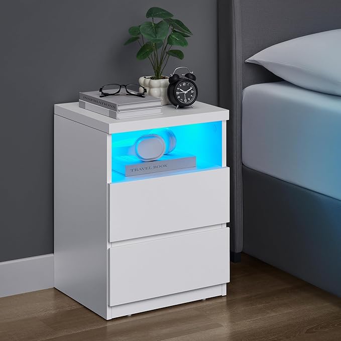 VASAGLE Nightstand with Adjustable LED Light, Bedside Table with Drawers, Side Table, for Bedroom, Modern Minimalist Style, White ULET634T14