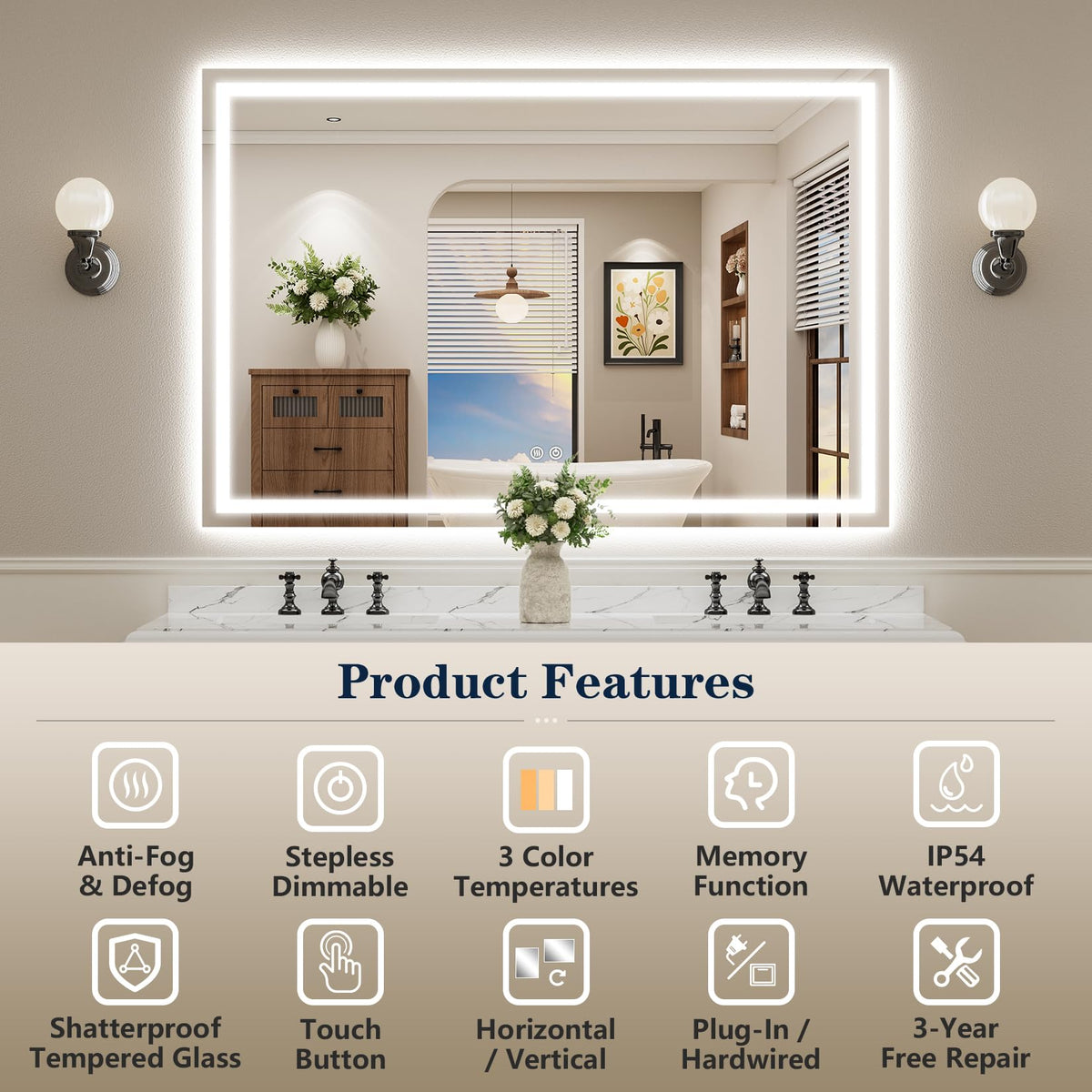 VEEYLOS 60x36 Inch LED Bathroom Mirror with Lights, Backlit & Front Lit