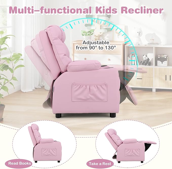 Kids Recliner, Kids Recliner Chair w/ 2 Cup Holders, PU Leather Kids Chairs Comfy w/Adjustable Backrest & 3 Pockets, Toddler Furniture Sofa for Boys Girls Aged 3+ (Pink)