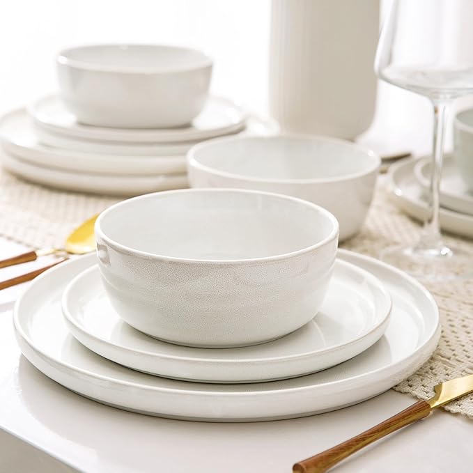 AmorArc Stoneware Dinnerware Sets,Round Reactive Ceramic Plates and Bowls Set,Highly Scrath Resistant | Dishwasher & Microwave Safe Dishes Set,Service for 4 (12pc)-White