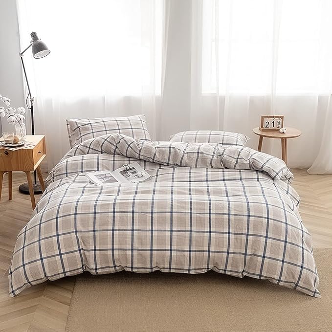 FACE TWO FACE Bedding Duvet Cover Set100% Washed Cotton Duvet Cover Linen Like Textured Breathable Durable Soft Comfy (Twin, Blue Grid)