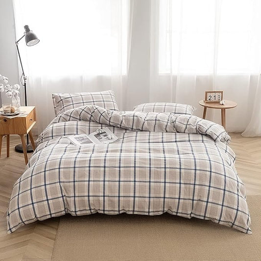 FACE TWO FACE Bedding Duvet Cover Set100% Washed Cotton Duvet Cover Linen Like Textured Breathable Durable Soft Comfy (Twin, Blue Grid)
