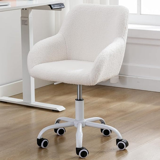 LukeAlon Kids Adjustable Desk Chair, Sherpa Study Chair with Swivel Base Upholstered Cute Reading Chair Comfy with Arms for Girls Children, White