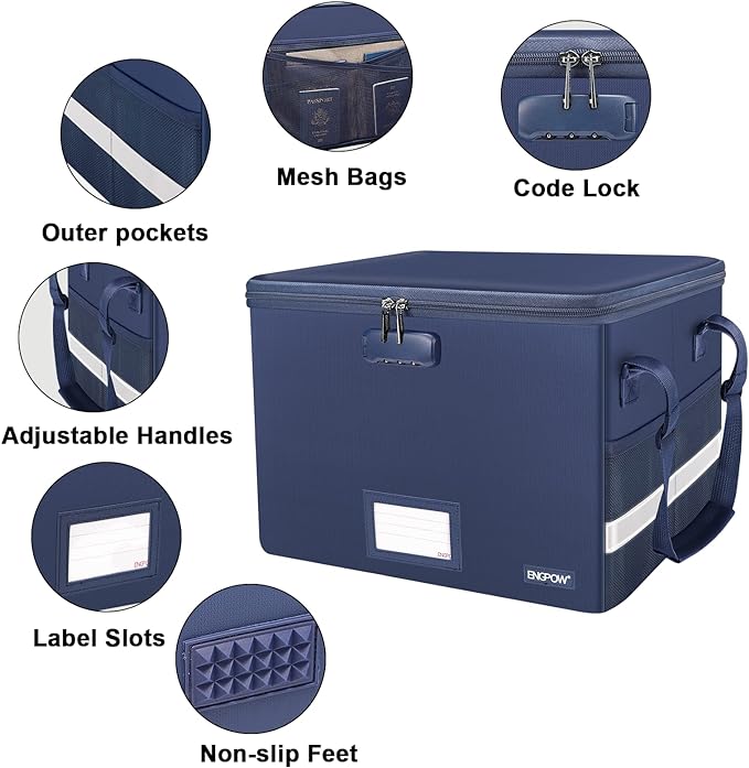 ENGPOW File Box with Lock, Fireproof Document Box with Zipper＆Pockets, Collapsible File Organizer Filing Storage Cabinet with Handle, Portable Home Office Safe for Hanging Letter/Legal Folder, Blue