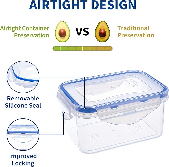 KIGI 4 Pack 17oz Rectangle Plastic Storage Containers Set for Food Airtight 500ML Meal Prep Containers Kitchen Storage Organizer