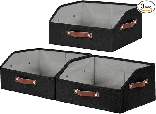 Closet Organizers and Storage, Linen Trapezoid Storage Bins with Handles, Collapsible Shelf Organizer for Blanket, Towel, Clothes, Hats, Purse (Black)