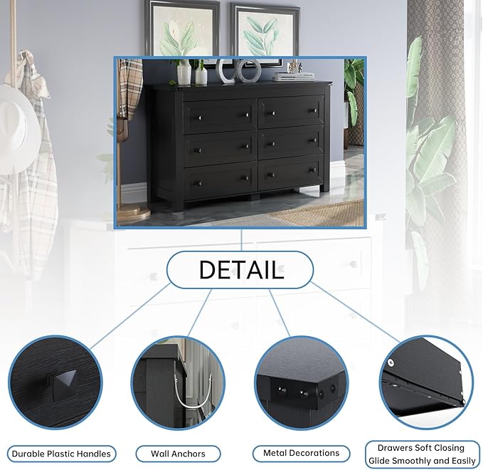 Black Dresser for Bedroom with 6 Drawers, Modern Chest of Drawers, Wood Dressers Bedroom Furniture Wide Storage Organizer, 6 Drawer Dresser for Closet, Living Room, Hallway