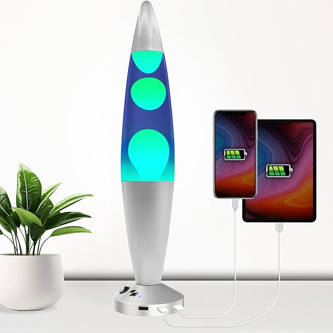 JAMBO 16-Inch Beautiful Lamp with Wax, Relaxing Night Light Home Decor, Extra Tall, Living Room Office Bedroom Lamp for Adults, Teens, Kids (USB, Auto Shut Off, Silver Base, Blue Liquid, Yellow Wax)
