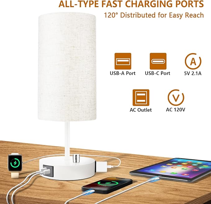 HiBay 17.75" H Dimmable LED Bedside Table Lamp with USB Charging Ports & AC Outlet, Modern White Nightstand Light for Bedroom, Office, Living Room, Kids Room, Round Fabric Shade, E26 Bulb Included
