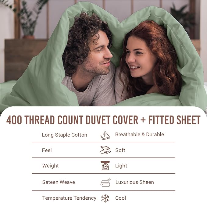 Pizuna 100% Cotton Queen 3 Pc Duvet Cover + 1 Pc Fitted Sheet Set 400 Thread Count Sea Foam Sateen Weave Luxurious Long Staple Cotton 4 Piece Bedding Set - 1 Duvet Cover,2 Pillow Shams,1 Fitted Sheet