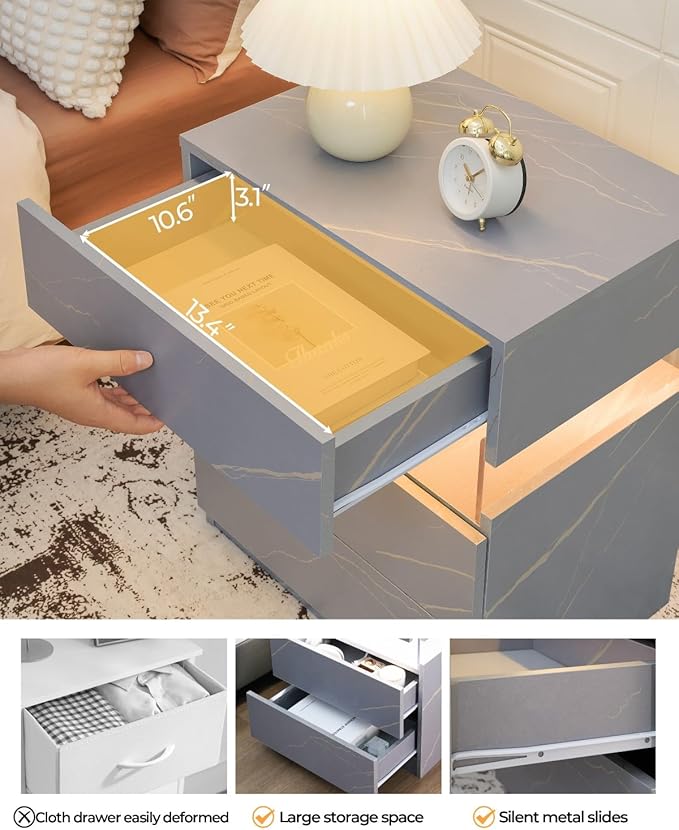 Bingoday LED Nightstands LED Bedside Tables with 3 Drawers Night Stand with Acrylic Board Modern LED Nightstand