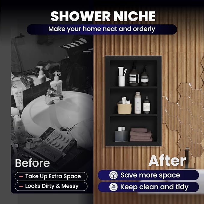 Stainless Steel Shower Niche 14" X 24"，3-Tier Shelf Niches Bathroom Shelf Recessed Wall Niche No Tile Needed Shower Shelf for Bathroom Storage(Black, 14 x 24)