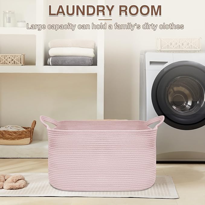 Large Laundry Hamper Blanket Basket，21.6''×14.9''×19.6'' Cotton Rope Woven Laundry Basket for Organizing, Rectangle Toy Basket for Living Room, Bedroom