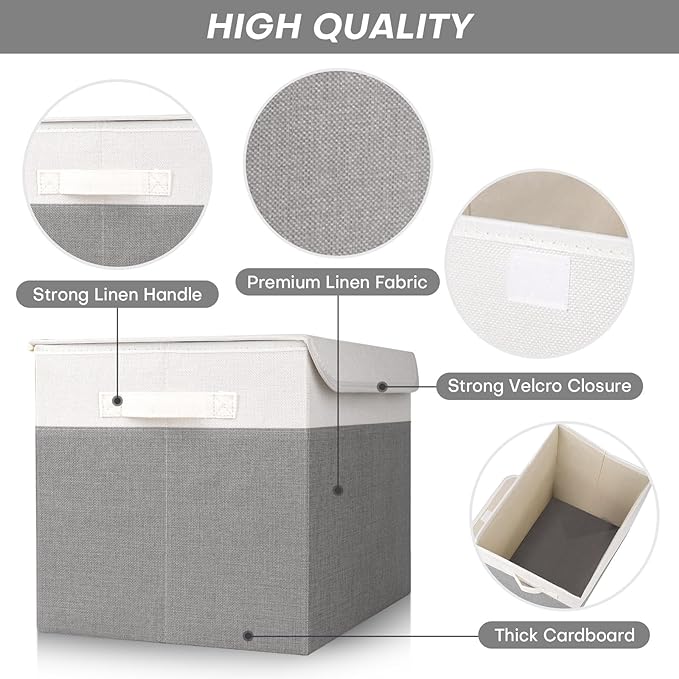 Large 17" 42 Quarts Collapsible Stackable Storage Bins with Lids [3-Pack] Foldable Fabric Linen Storage Boxes Cube, Closet Organizer Baskets with Label (16.7 x 12 x 12", Gray & White)