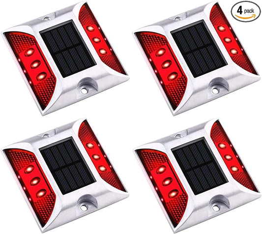 Aolyty Solar Driveway Dock Lights, IP68 Waterproof Deck Warning Step Lights Reflective Road Marker for Sidewalk Stair Garden Pathway Walkway (4 Pack, Red)