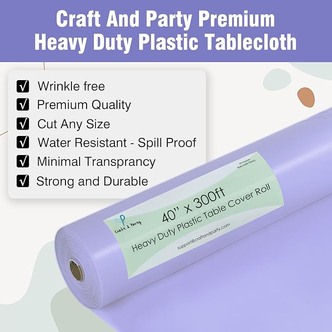Craft And Party Lavender Plastic Table Cover Roll, 40Inch X 300Feet Disposable Plastic Tablecloth, Banquet Rectangle Tablecover Roll