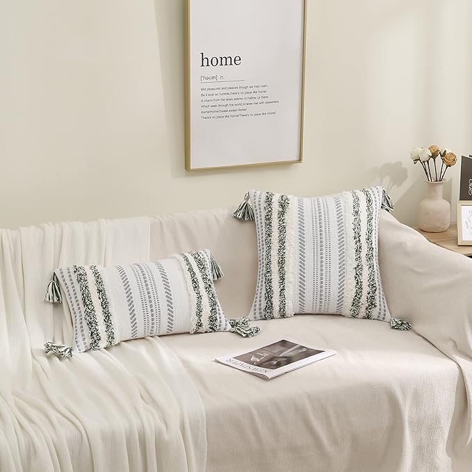 decorUhome Decorative Boho Throw Pillow Cover 18x18, Accent Neutral Textured Tufted Pillow Cover Striped for Couch Bed Sofa, Green and Cream White, Pack of 1