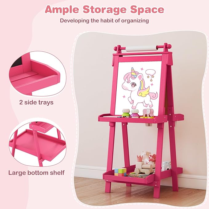 OLAKIDS Easel for Kids, 3 in 1 Adjustable Painting Art Board, Foldable Double-Sided Wooden Drawing Chalkboard Magnetic Whiteboard with Paper Roll, Storage Rack, Cups for Boy Girls (Pink)