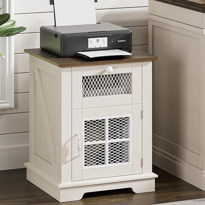 Nightstand with Charging Station, Farmhouse Night Stand with 1 Drawer and 1 Cabinet Magnetic Metal Mesh Barn Door, Rustic Wood Bedside for Bedroom, End Table, White