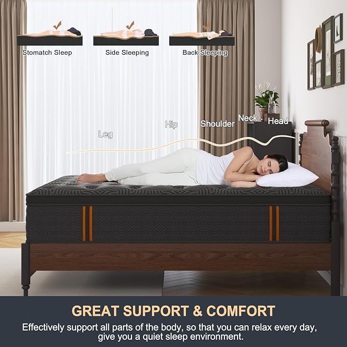 Full Size Mattress, 12 Inch Hybrid Mattresses with Durable Support, Motion Isolation & Individually Poctet, 100 Night Trial, Dark Grey