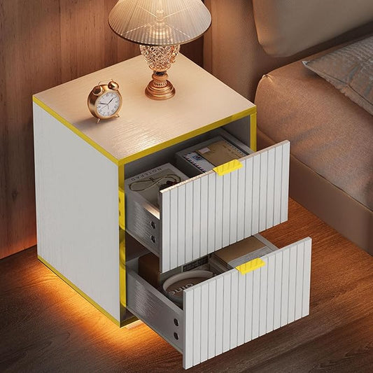 White and Gold Nightstand with 2 Fluted Drawers, 18 Inch Night Stand with Storage, White Night Stand with Golden Handles, Mid Century Modern Nightstand for Bedroom,White and Gold